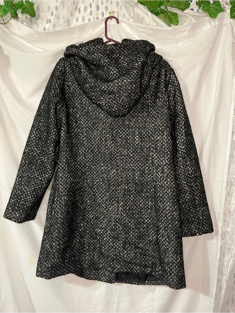 Womens Black Tweed Double-Breasted Hooded Coat 45% Wool Winter Size M